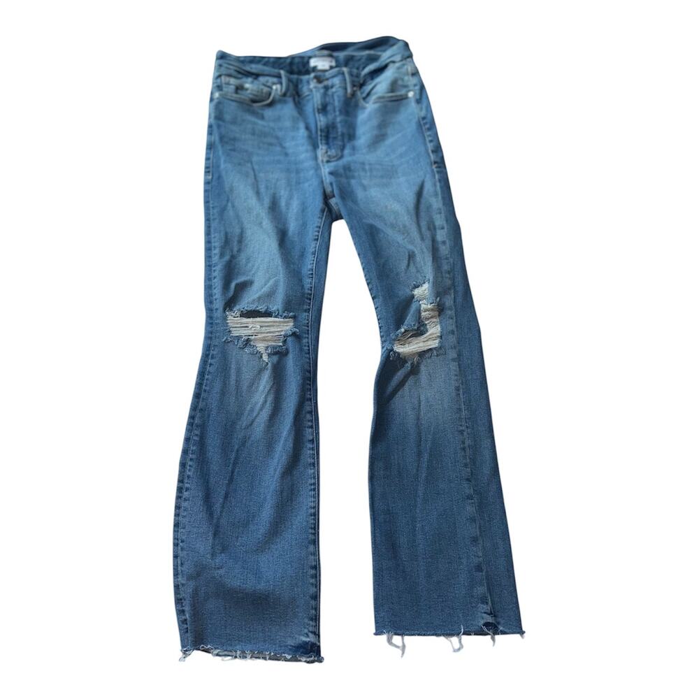 Good American Size 15 High Rise Jeans Distressed Knee Raw Hem Stretch Denim